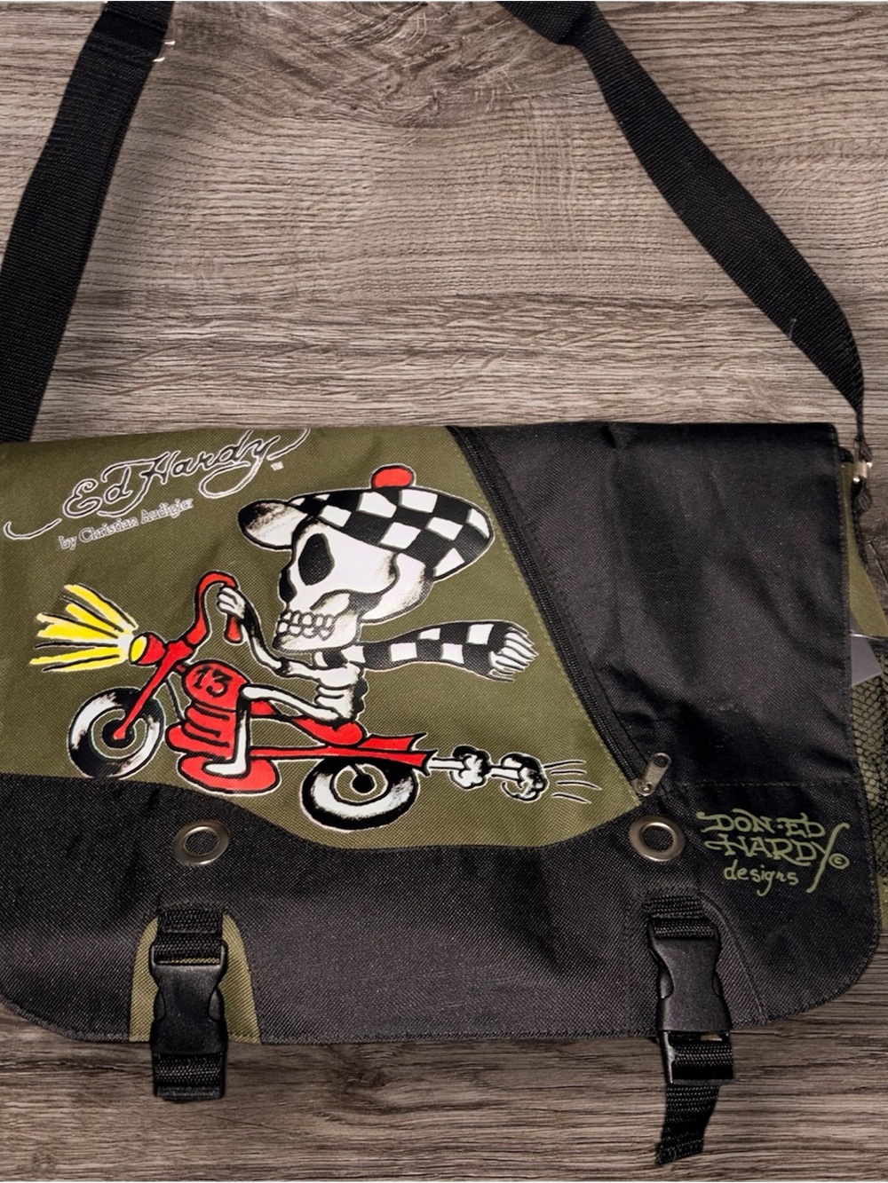 Ed Hardy Olive, Black & Red Skull Motorcycle Messenger Bag